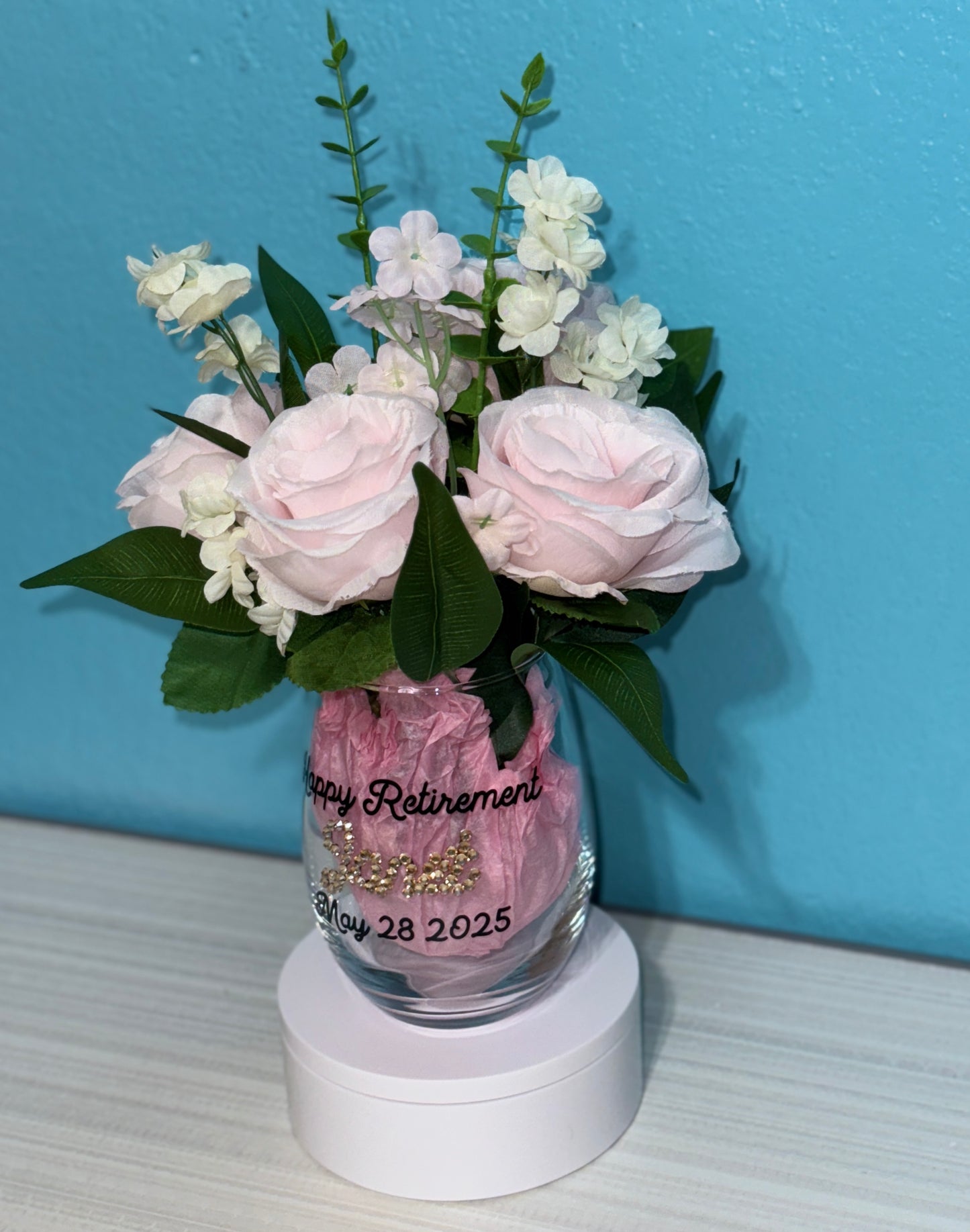 Happy Retirement Wine Glass With Faux Bouquet