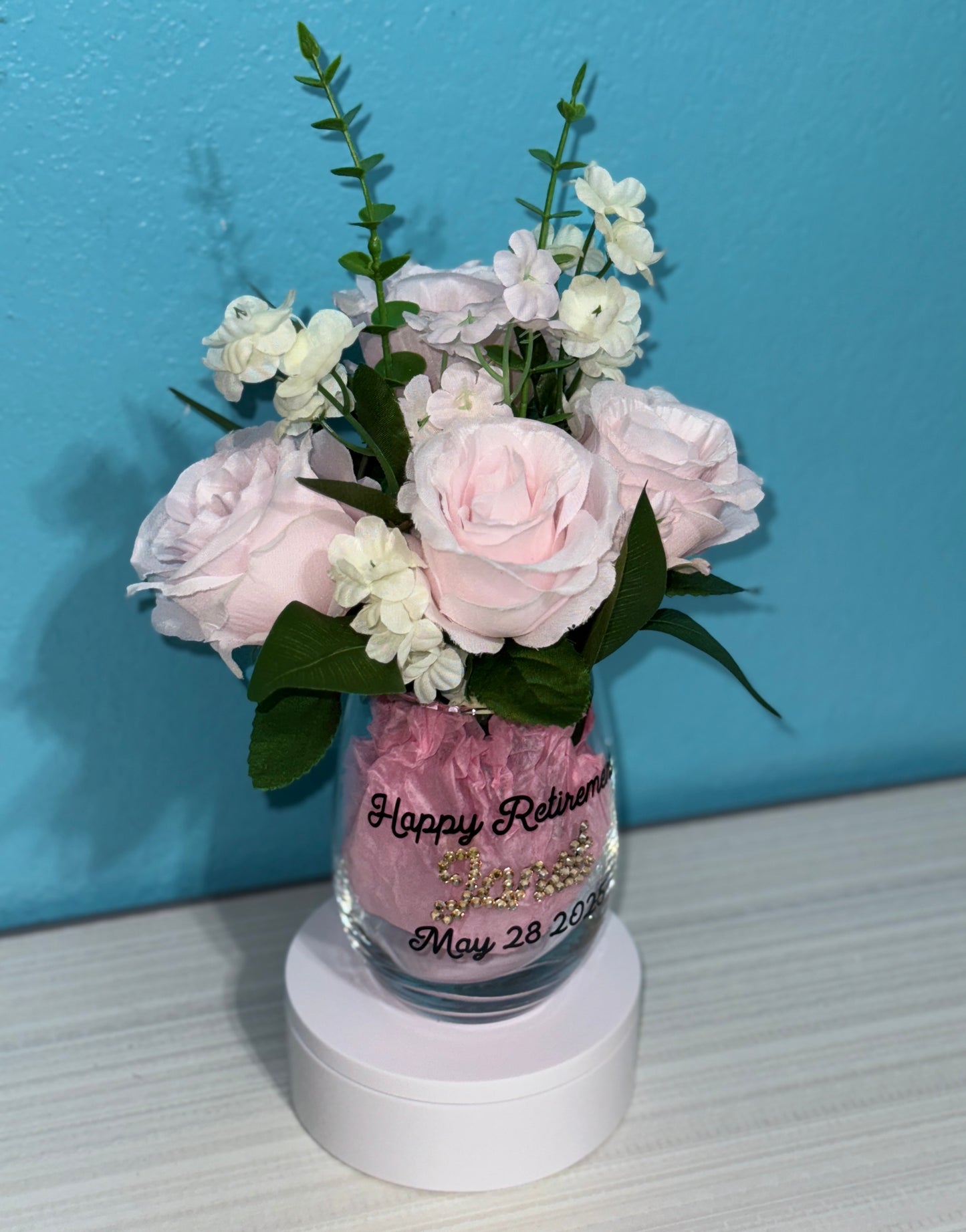Happy Retirement Wine Glass With Faux Bouquet