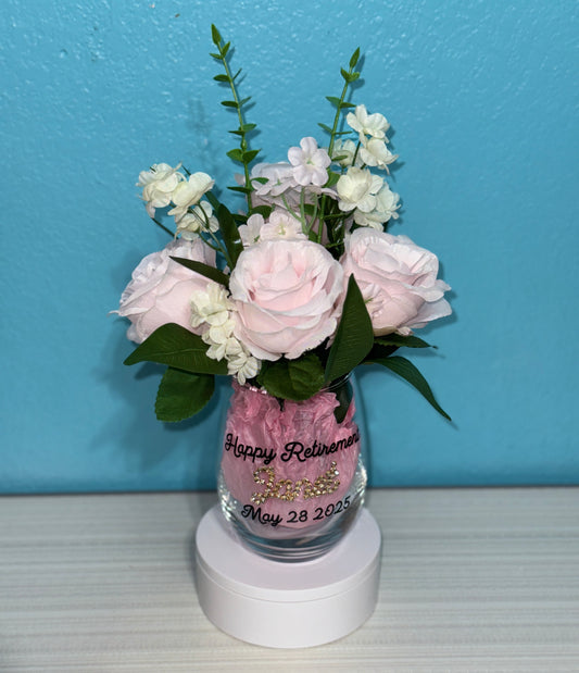 Happy Retirement Wine Glass With Faux Bouquet